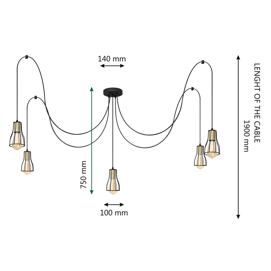 Lampadario a sospensione con filo TUBE 5xE27/15W/230V ragno nero/cromo lucido