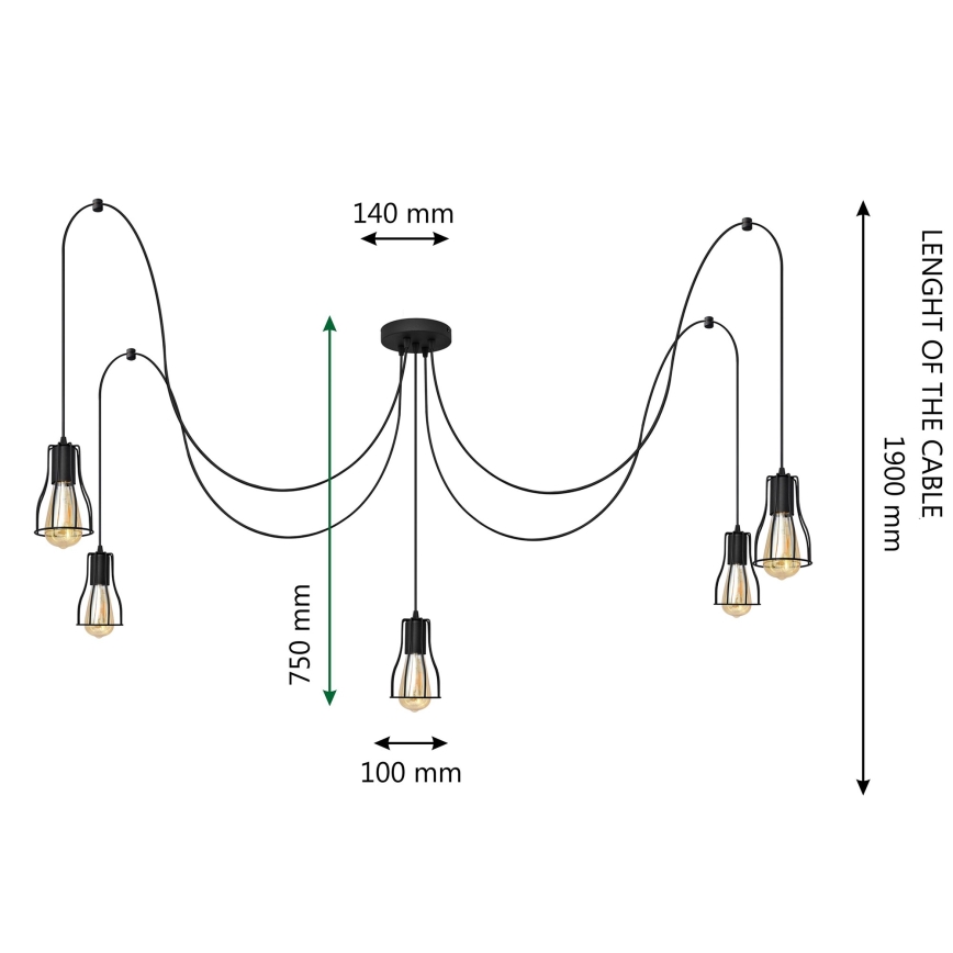 Lampadario a sospensione con filo TUBE 5xE27/15W/230V ragno nero