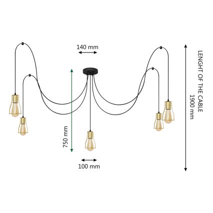 Lampadario a sospensione con filo TUBE 5xE27/15W/230V ragno nero/oro