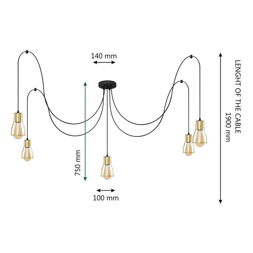 Lampadario a sospensione con filo TUBE 5xE27/15W/230V ragno nero/oro