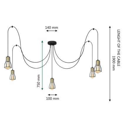 Lampadario a sospensione con filo TUBE 5xE27/15W/230V ragno nero/oro