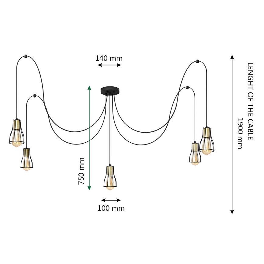 Lampadario a sospensione con filo TUBE 5xE27/15W/230V ragno nero/oro
