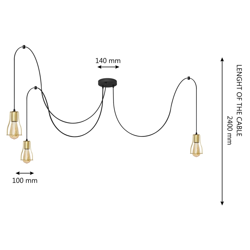 Lampadario a sospensione con filo TUBE LONG 3xE27/10W/230V nero/oro