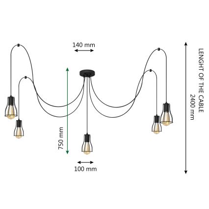 Lampadario a sospensione con filo TUBE LONG 5xE27/10W/230V nero