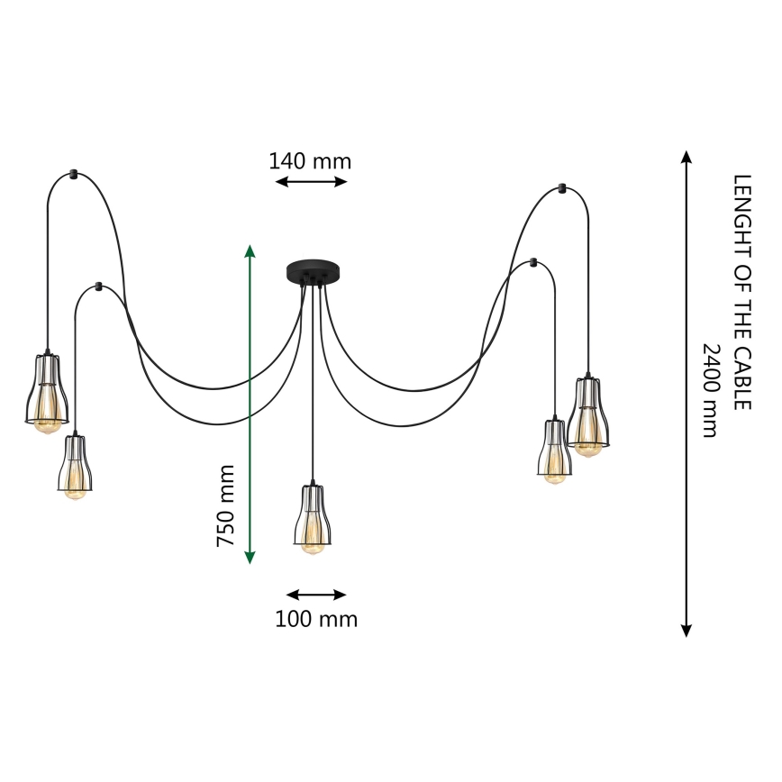 Lampadario a sospensione con filo TUBE LONG 5xE27/15W/230V nero/cromo lucido