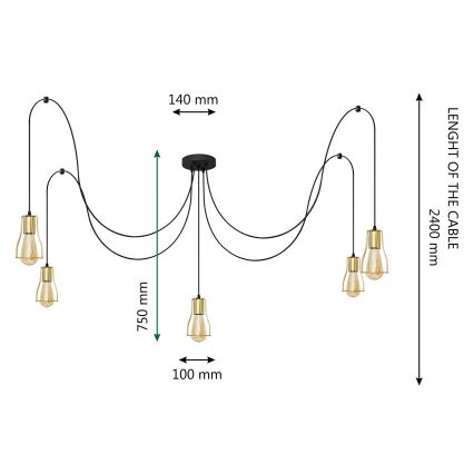 Lampadario a sospensione con filo TUBE LONG 5xE27/15W/230V nero/oro