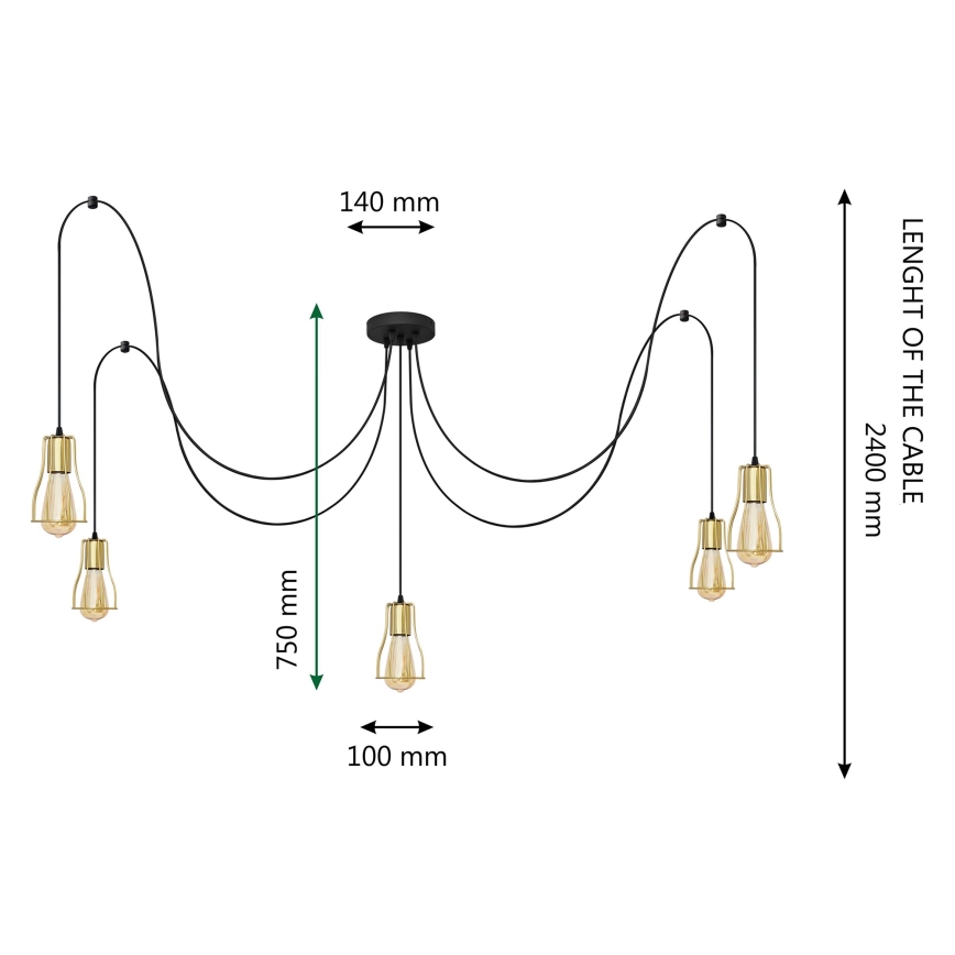 Lampadario a sospensione con filo TUBE LONG 5xE27/15W/230V nero/oro