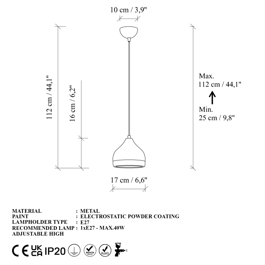 Lampadario a sospensione con filo YILDO 1xE27/40W/230V bianco/oro