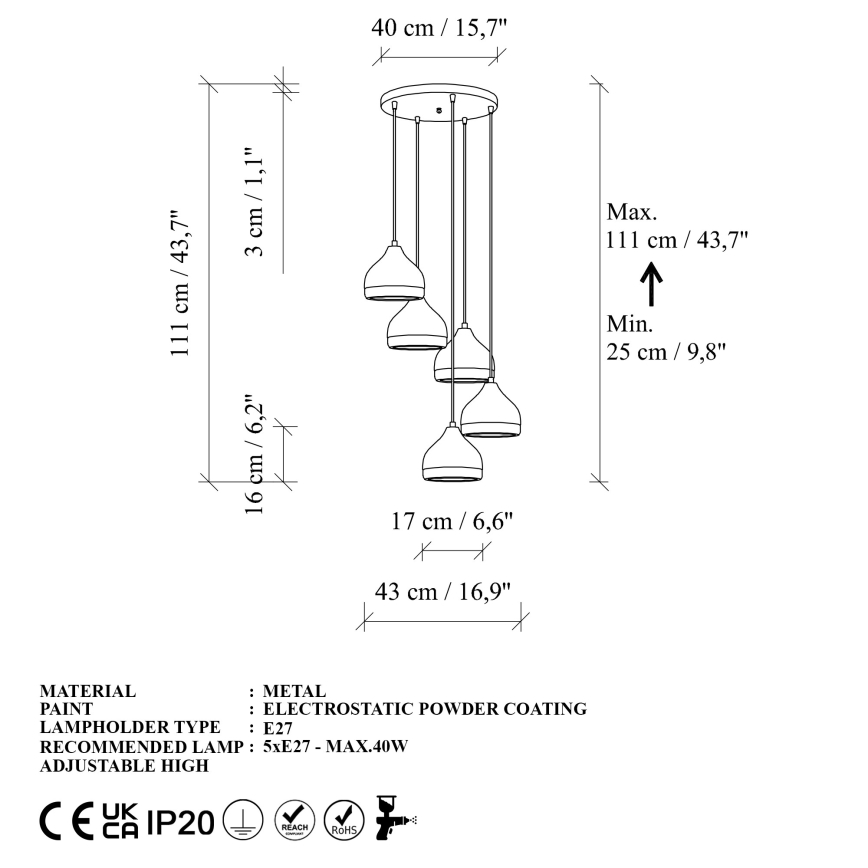 Lampadario a sospensione con filo YILDO 5xE27/40W/230V bianco/oro