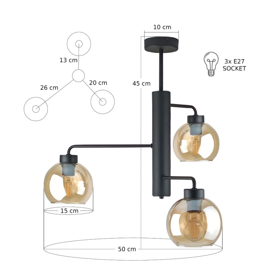 Lampadario a sospensione con supporto rigido FLEX 3xE27/60W/230V nero/fumé beige