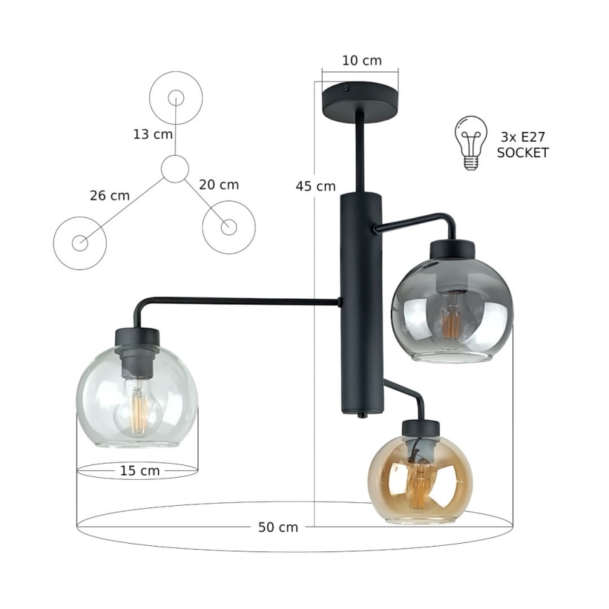 Lampadario a sospensione con supporto rigido FLEX 3xE27/60W/230V nero/fumé nero/fumé beige/limpido