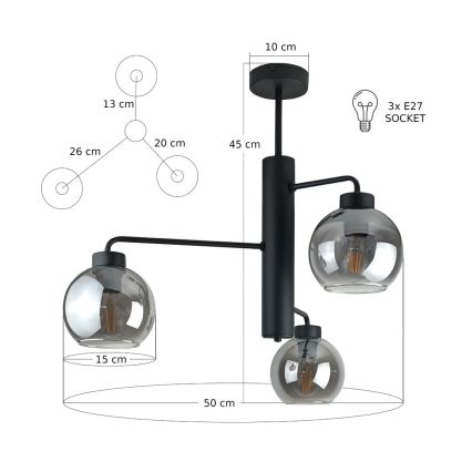 Lampadario a sospensione con supporto rigido FLEX 3xE27/60W/230V nero/fumé nero