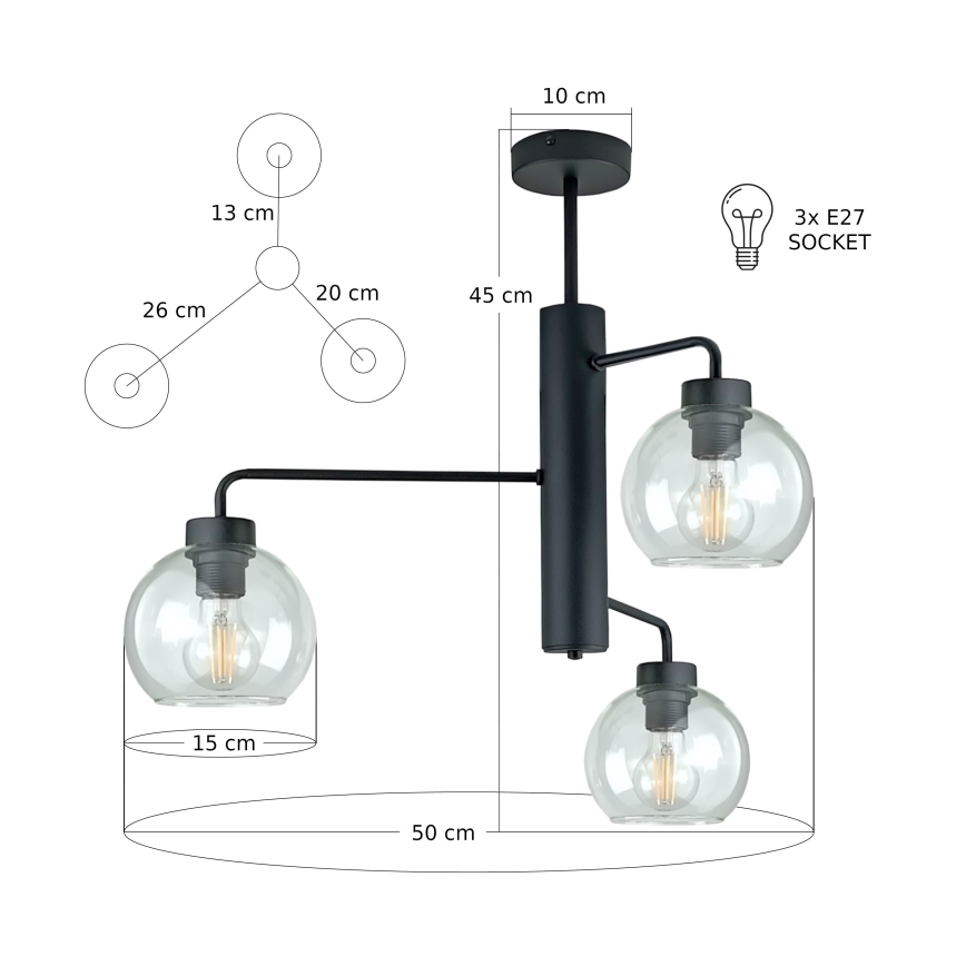 Lampadario a sospensione con supporto rigido FLEX 3xE27/60W/230V nero/limpido