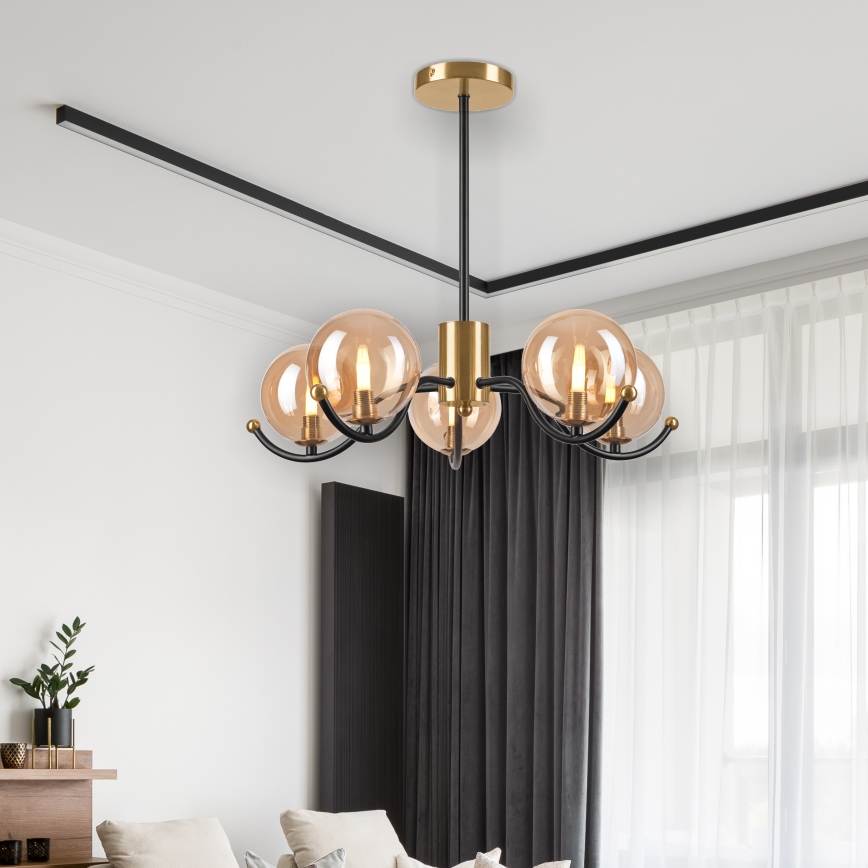 Lampadario a sospensione con supporto rigido GEORGIA 5xE14/5W/230V oro/fumé beige