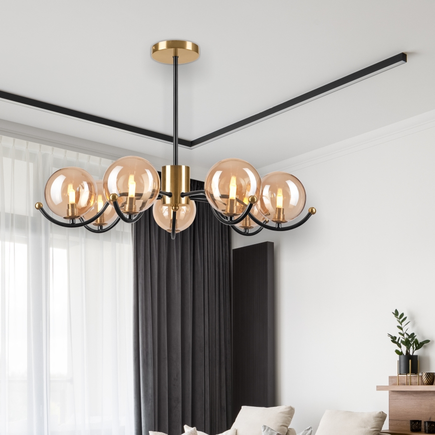 Lampadario a sospensione con supporto rigido GEORGIA 7xE14/5W/230V oro/fumé beige