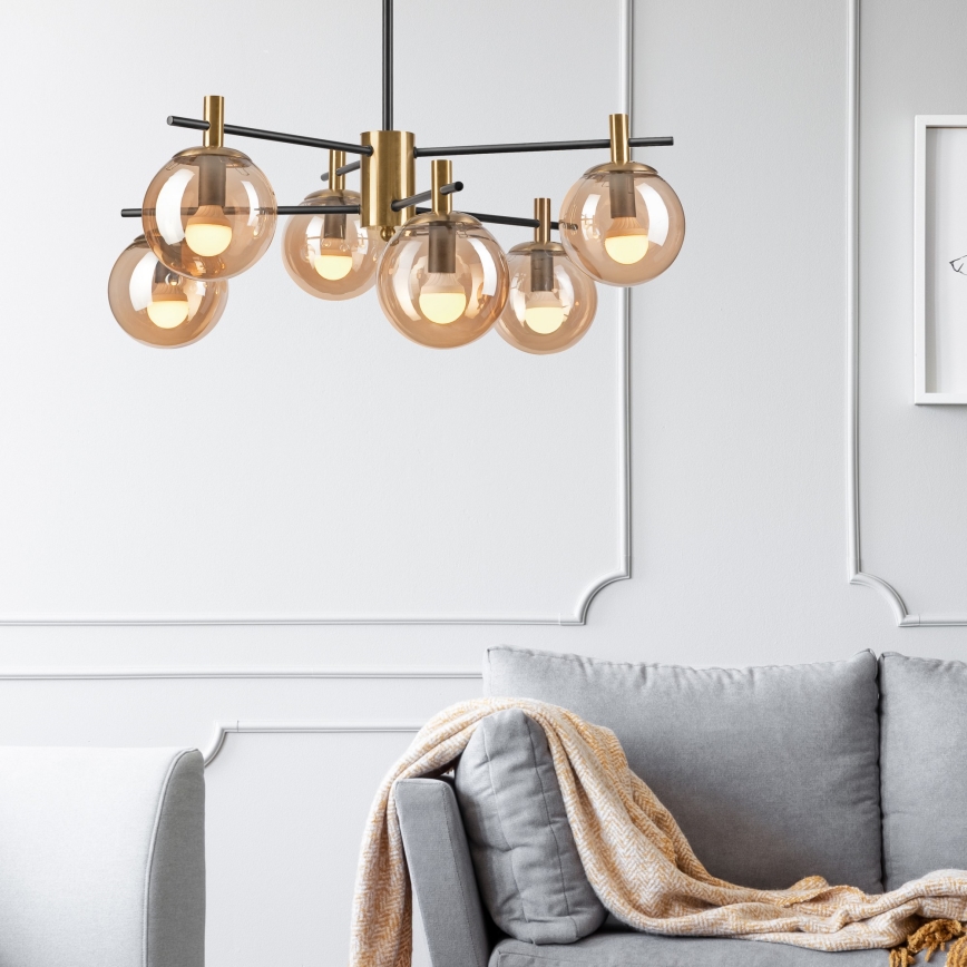 Lampadario a sospensione con supporto rigido LILOU 6xE14/5W/230V oro/nero/fumé beige
