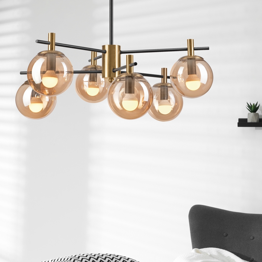 Lampadario a sospensione con supporto rigido LILOU 6xE14/5W/230V oro/nero/fumé beige
