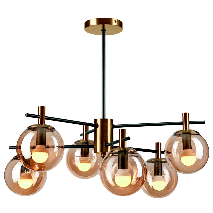Lampadario a sospensione con supporto rigido LILOU 6xE14/5W/230V oro/nero/fumé beige