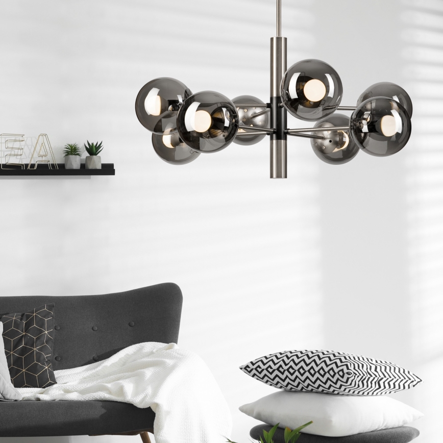Lampadario a sospensione con supporto rigido ROLLO 8xE14/5W/230V cromo opaco/fumé