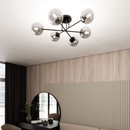 Lampadario a sospensione con supporto rigido ROMA 6xE14/10W/230V nero/fumé