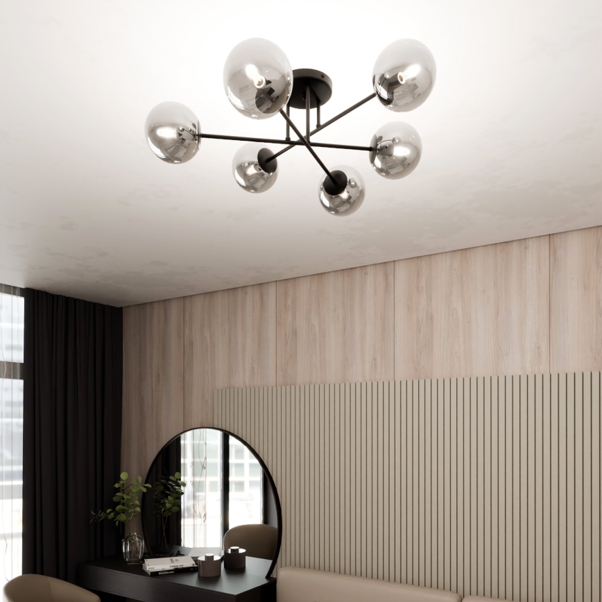 Lampadario a sospensione con supporto rigido ROMA 6xE14/10W/230V nero/fumé