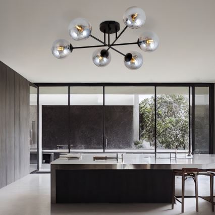 Lampadario a sospensione con supporto rigido ROMA 6xE14/10W/230V nero/fumé