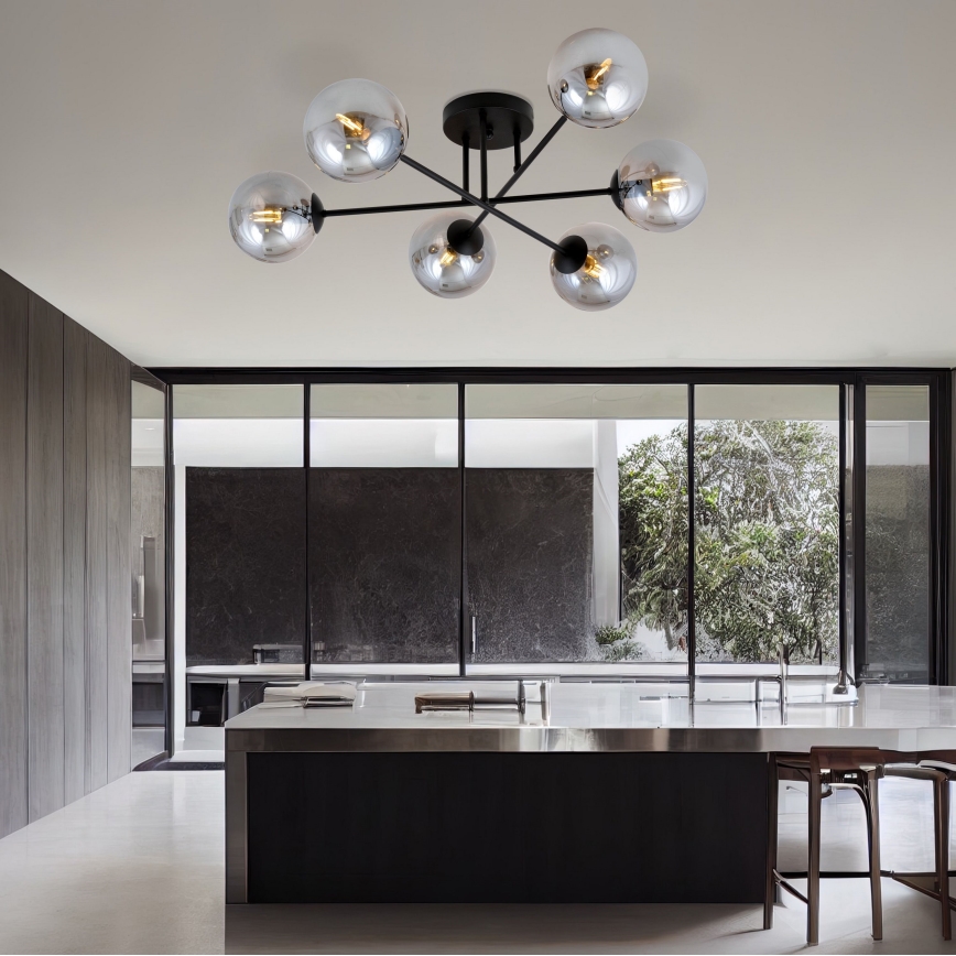 Lampadario a sospensione con supporto rigido ROMA 6xE14/10W/230V nero/fumé