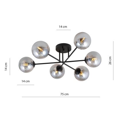 Lampadario a sospensione con supporto rigido ROMA 6xE14/10W/230V nero/fumé