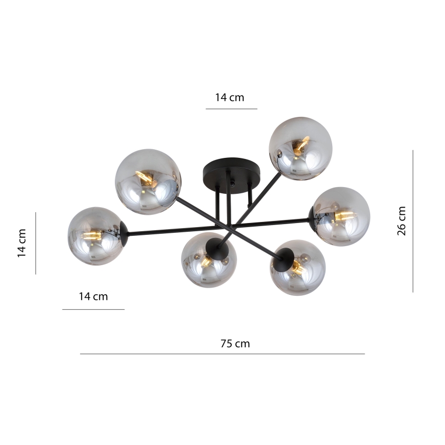 Lampadario a sospensione con supporto rigido ROMA 6xE14/10W/230V nero/fumé