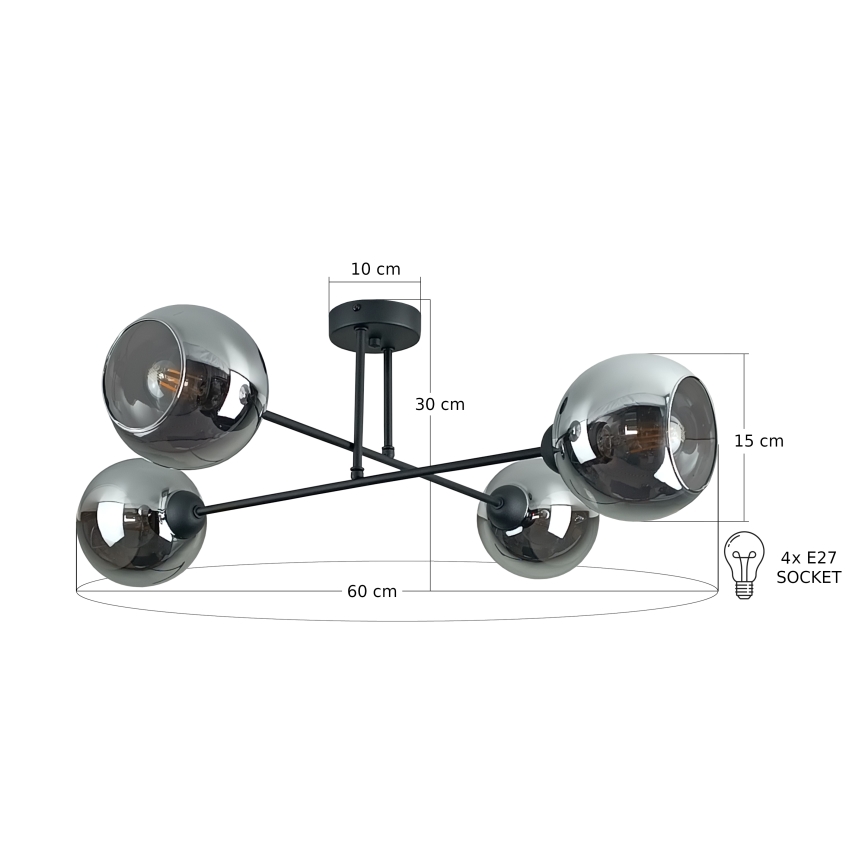 Lampadario a sospensione con supporto rigido VASCO 4xE27/60W/230V nero/fumé nero