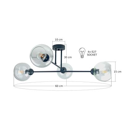 Lampadario a sospensione con supporto rigido VASCO 4xE27/60W/230V nero/limpido
