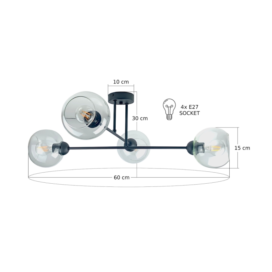 Lampadario a sospensione con supporto rigido VASCO 4xE27/60W/230V nero/limpido