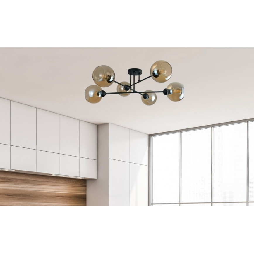 Lampadario a sospensione con supporto rigido VASCO 6xE27/60W/230V nero/fumé beige