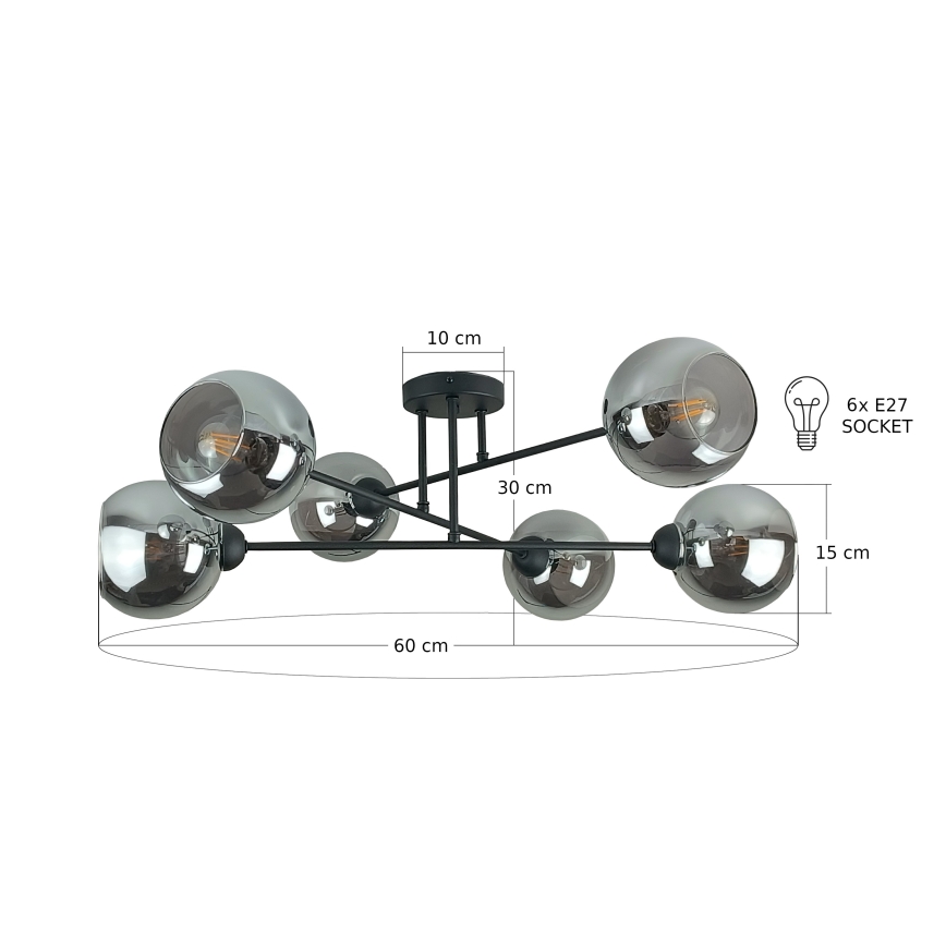 Lampadario a sospensione con supporto rigido VASCO 6xE27/60W/230V nero/fumé nero
