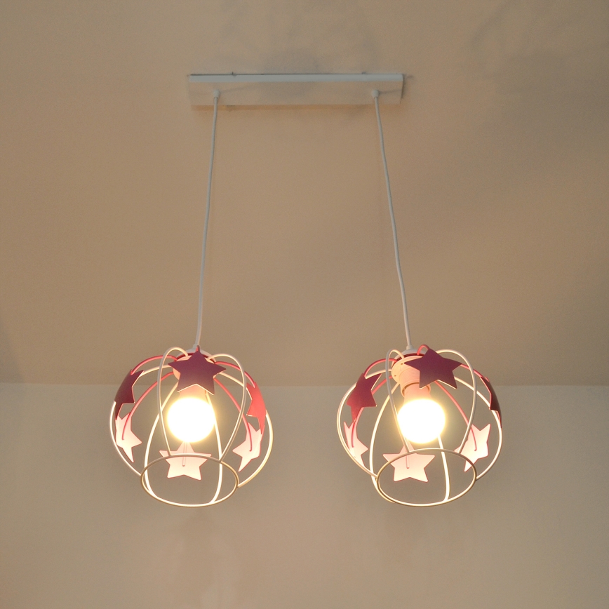 Lampadario a sospensione per bambini STARS 2xE27/15W/230V rosa/bianco