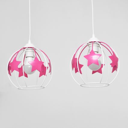 Lampadario a sospensione per bambini STARS 2xE27/15W/230V rosa/bianco