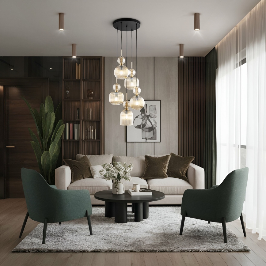 Lampadario a sospensione SOPHIA 5xE14/10W/230V nero/beige fumé