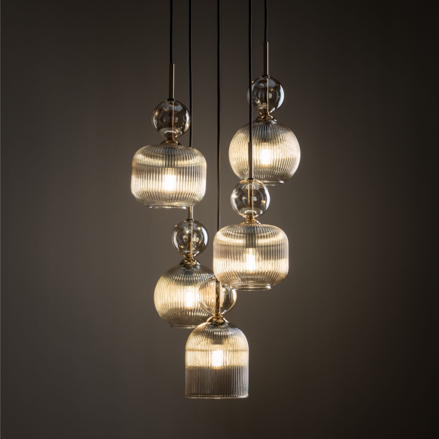 Lampadario a sospensione SOPHIA 5xE14/10W/230V nero/beige fumé