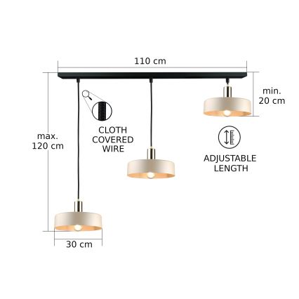 Lampadario a sospensione su cavo LATTE 3xE27/60W/230V beige/nero/oro