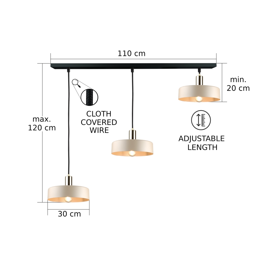 Lampadario a sospensione su cavo LATTE 3xE27/60W/230V beige/nero/oro