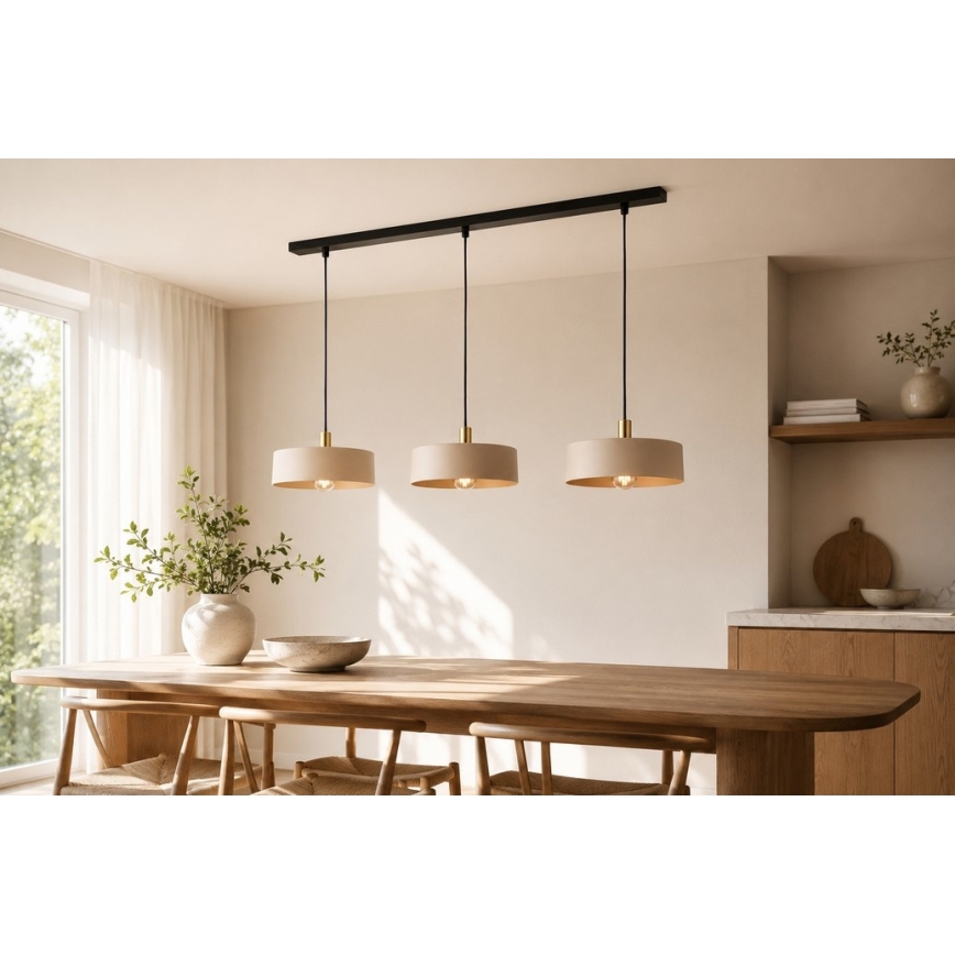 Lampadario a sospensione su cavo LATTE 3xE27/60W/230V beige/nero/oro