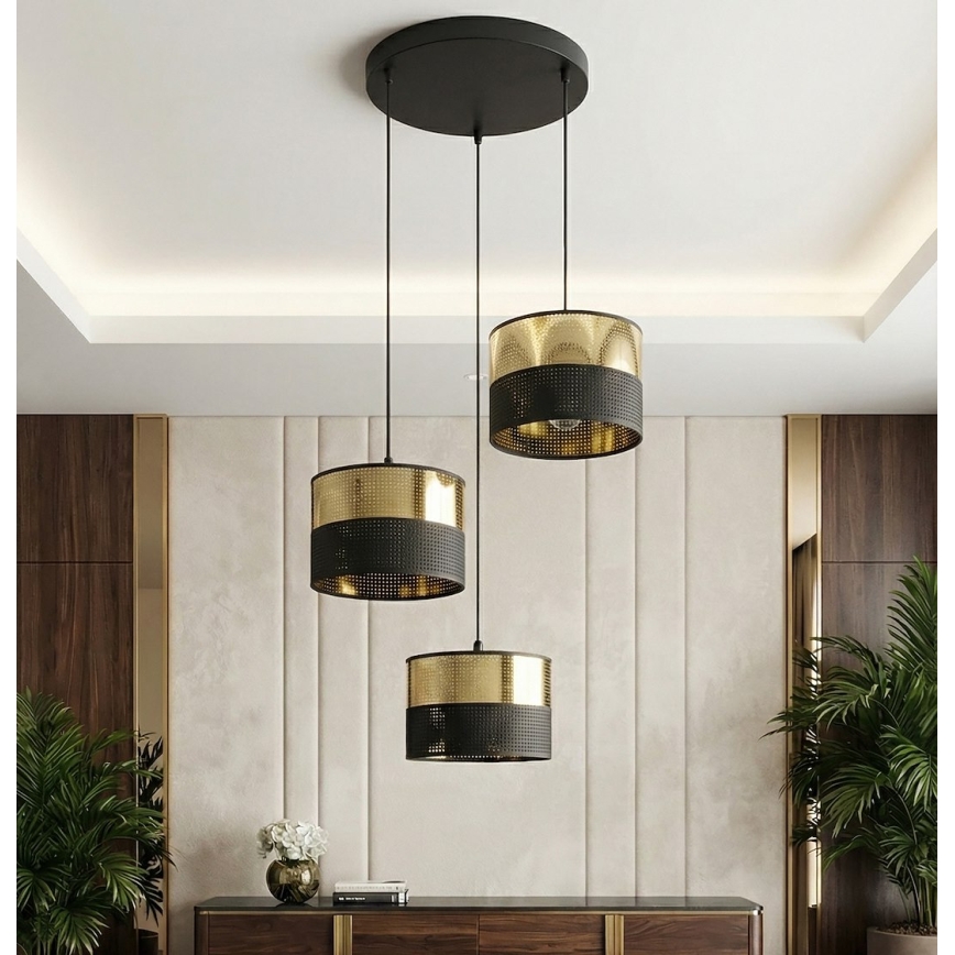 Lampadario a sospensione su cavo LUX 3xE27/15W/230V nero/oro