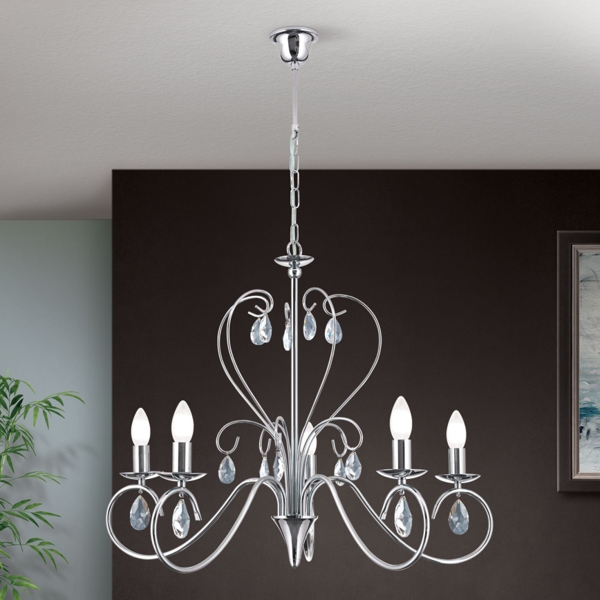 Lampadario di cristallo a sospensione con catena ALESSIA 5xE14/40W/230V cromo lucido