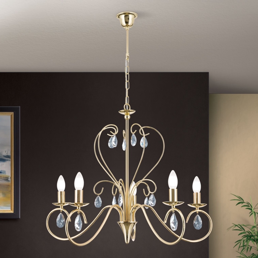 Lampadario di cristallo a sospensione con catena ALESSIA 5xE14/40W/230V oro