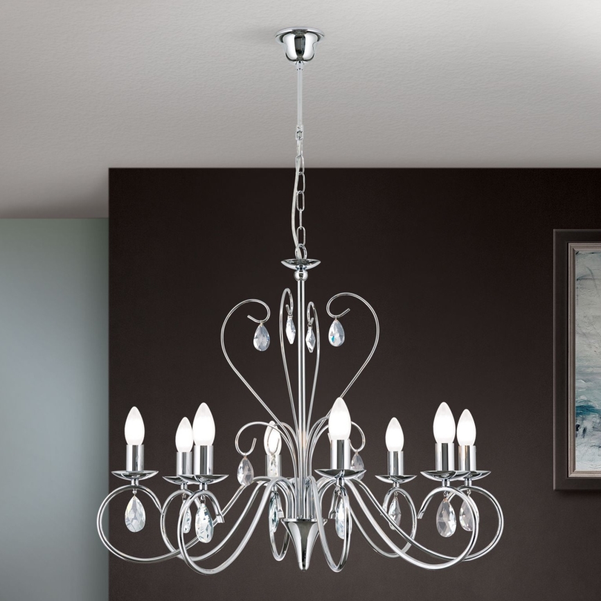 Lampadario di cristallo a sospensione con catena ALESSIA 8xE14/40W/230V cromo lucido