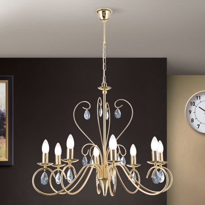 Lampadario di cristallo a sospensione con catena ALESSIA 8xE14/40W/230V oro