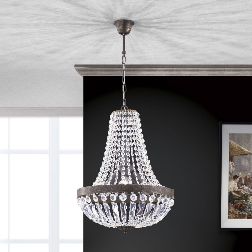 Lampadario di cristallo a sospensione con catena ARILA 3xE27/60W/230V diametro 40 cm marrone/patina