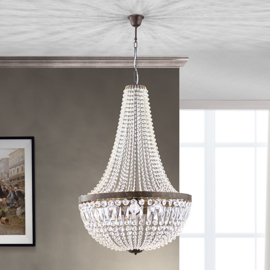 Lampadario di cristallo a sospensione con catena ARILA 6xE27/60W/230V diametro 60 cm marrone/patina