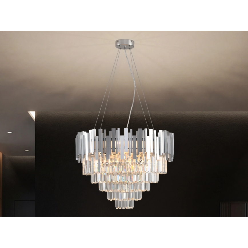 Lampadario in cristallo su cavo PLAZA 9xE14/40W/230V Ø 60 cm argento