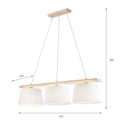 Lampadario sospeso con cavo AIDA 3xE27/60W/230V Ø 25 cm rovere/bianco